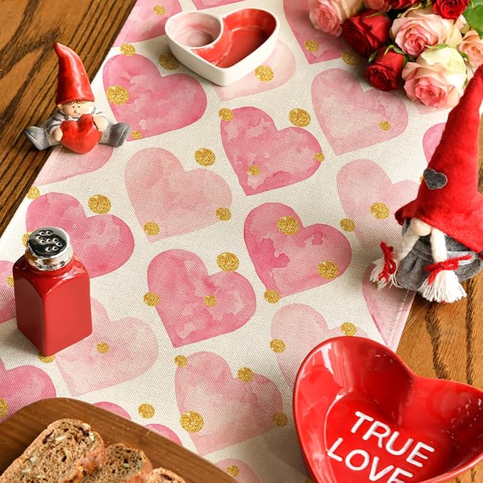 Artoid Mode Golden Pink Love Table Runner, Seasonal Anniversary Kitchen Dining - Image 4