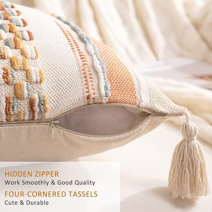 Boho Throw Pillow Covers 18x18 Set of 2 Woven Tufted Farmhouse Pillows Cover - Image 3