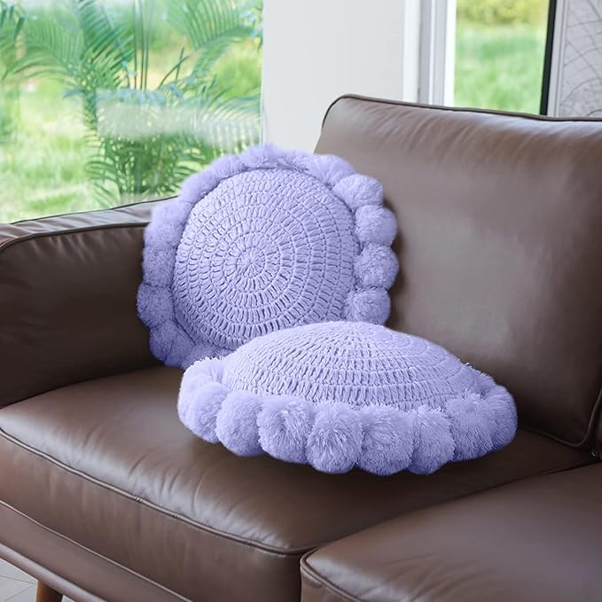 Boho Round Throw Pillow with Cute Handmade Pom Poms Tassels 18 Inch, Decorative - Image 5