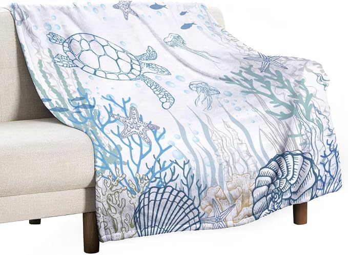 Nautical Turtle Throw Blanket, Coastal Sea Ocean Theme Coral Starfish Seashell by JanJCurt