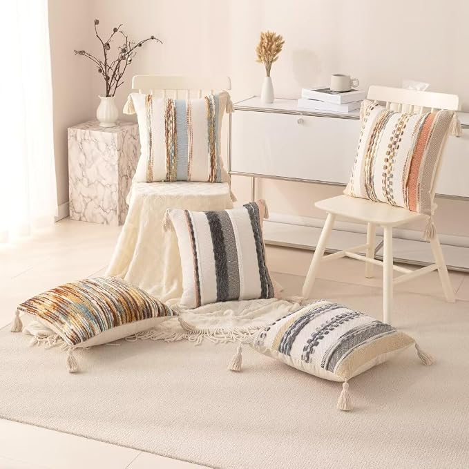 Boho Throw Pillow Covers 18x18 Set of 2 Woven Tufted Farmhouse Pillows Cover - Image 6