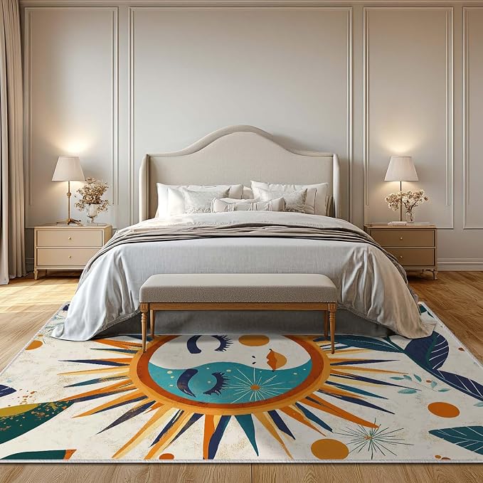 5x7 Sun and Moon Area Rug Leaf Orange Yellow Blue Beige Rug Non Slip Low Pile - Image 3