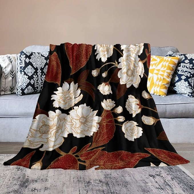 Red Gold Floral Blanket, Boho Dark Flower Leaves Chinese Plum Blossoms - Image 6