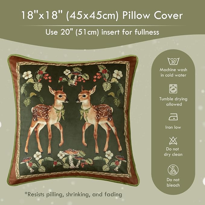 Grandmillennial Holly Deer Green Pillow Cover, Velvet Euro Sham Covers - Image 6