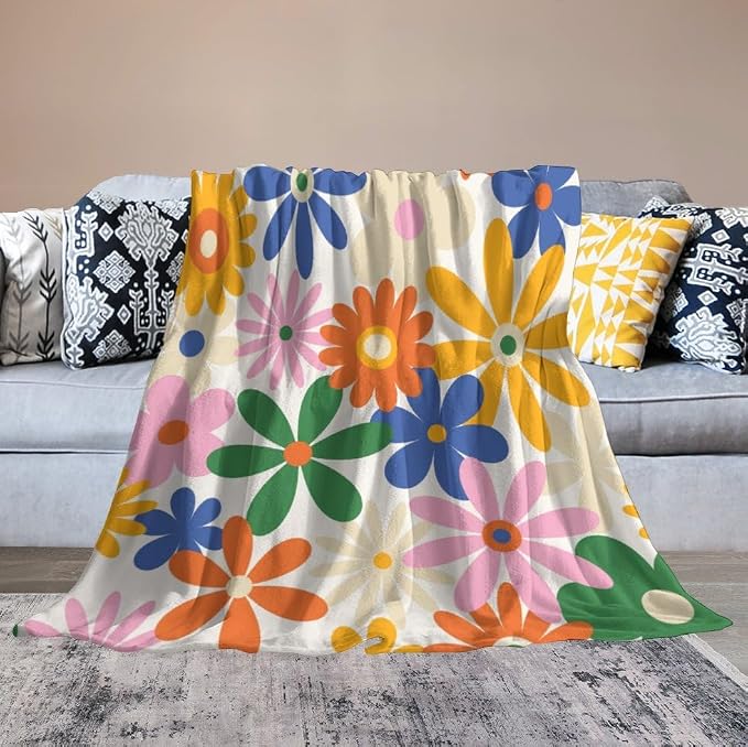 70s Retro Flower Throw Blanket, 60s Vintage Groovy Daisy Flowers Boho Hippie - Image 6