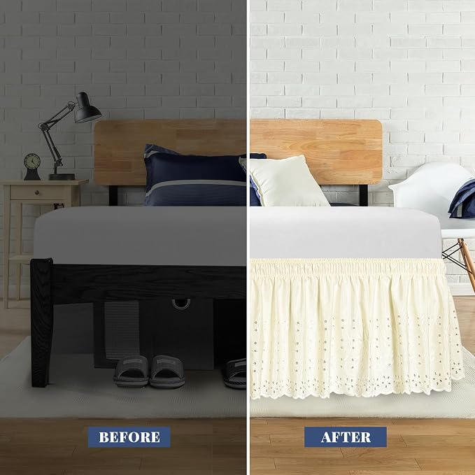 Queen Bed Skirt, Wrap-Around Elastic Ruffled Eyelet Bed Skirt Queen Size Dust - Image 3