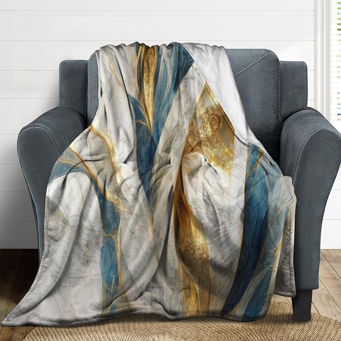 Abstract Marble Blanket, Modern Luxury Baroque Golden Blue White Stone Veins - Image 3
