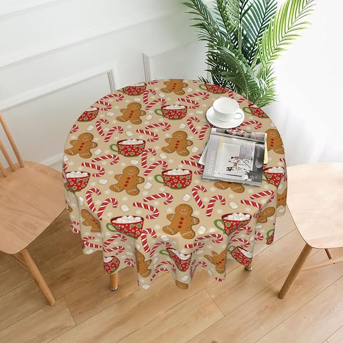 Christmas Tablecloth Round 70×70 Inch, Gingerbread Man Candy Cane Holiday - Image 3