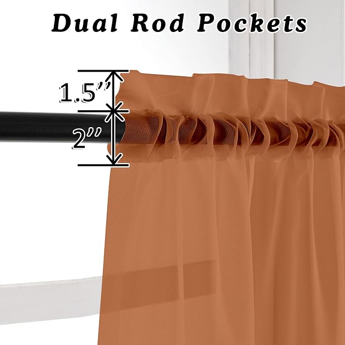 OVZME Orange Sheer Curtains 63 inch Length 2 Panels - Image 3