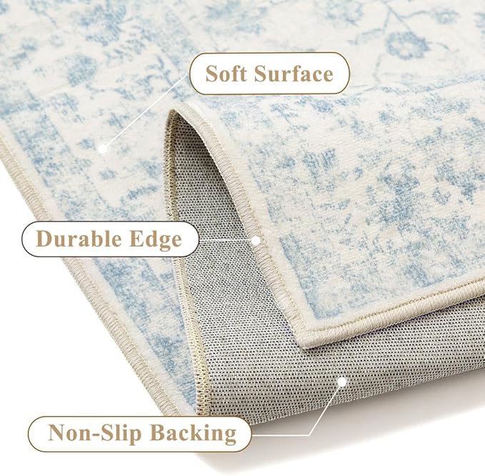 4x6 Blue Area Rug Non Slip Vintage Office Entryway Rug Distressed Machine - Image 3