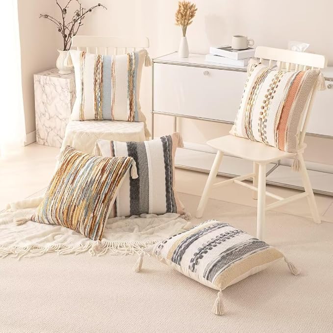 Boho Throw Pillow Covers 18x18 Set of 2 Woven Tufted Farmhouse Pillows Cover - Image 6