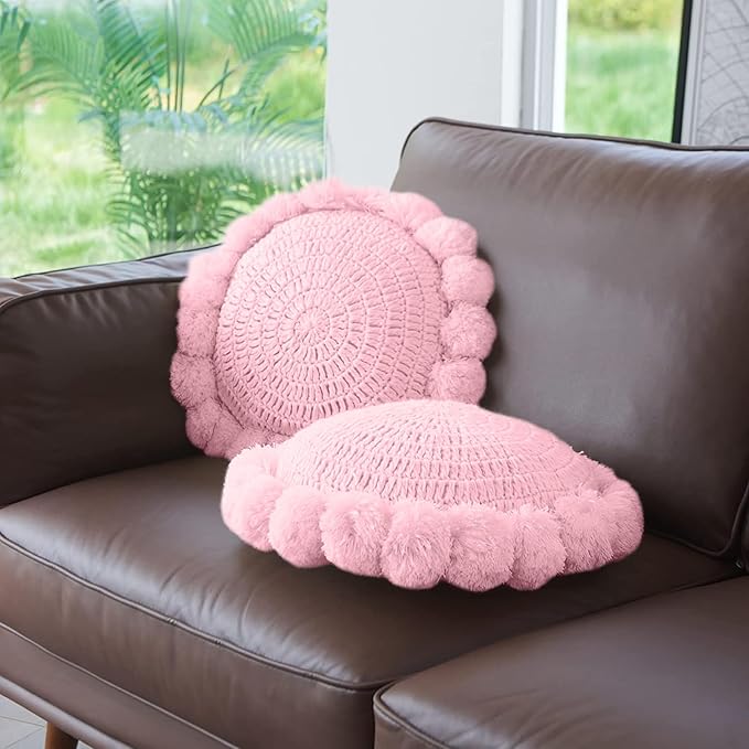 Boho Round Throw Pillow with Cute Handmade Pom Poms Tassels 18 Inch, Decorative - Image 5