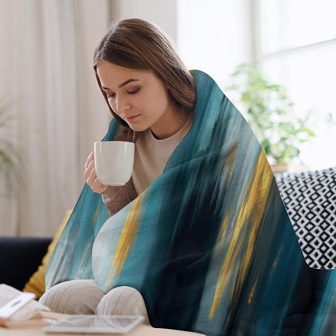 Fashion Gradient Blanket, Modern Abstract Art Gold Lake Blue Painting Strokes - Image 7