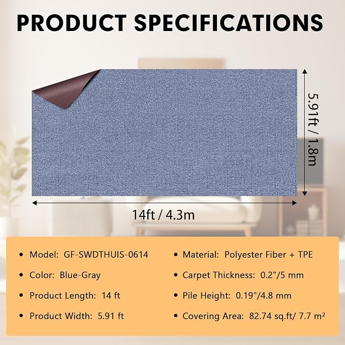 Marine Carpet, 6 FT x 14 FT Blue-Gray Indoor Outdoor Carpet 0.2" Thick Boat - Image 2