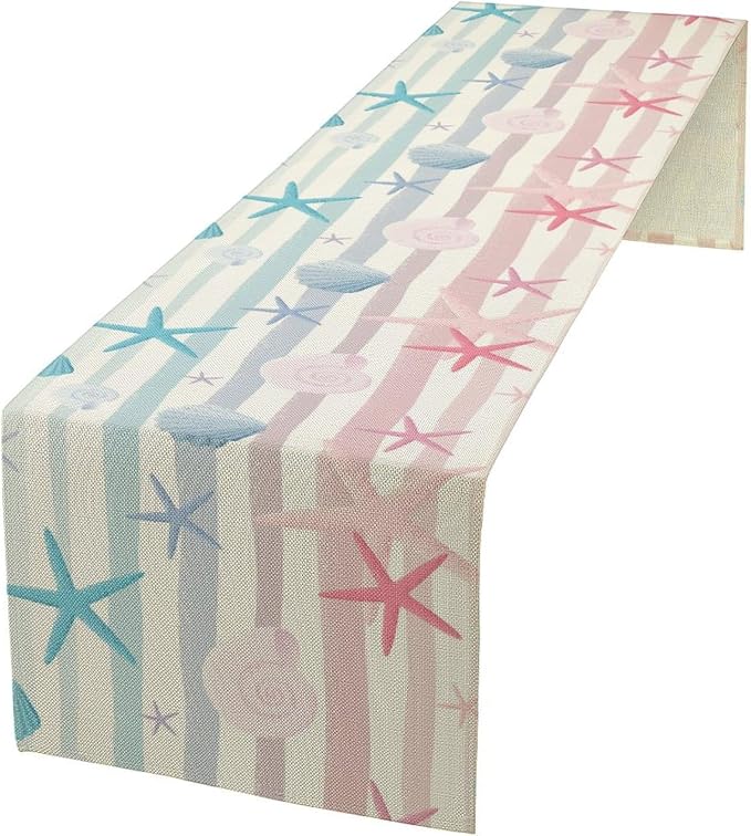 Coastal Starfish Kitchen Table Runner, Colorful Watercolor Blue and Pink Stripe by ShiTingYu