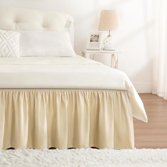 RIMELA Beige White Bed Skirt Queen Size 15 Inch Drop, Elastic Bed Skirting by RIMELABedSkirt