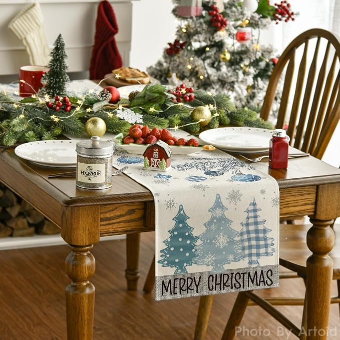 Artoid Mode Blue Pine Trees Merry Christmas Table Runner, Winter Xmas Holiday - Image 4
