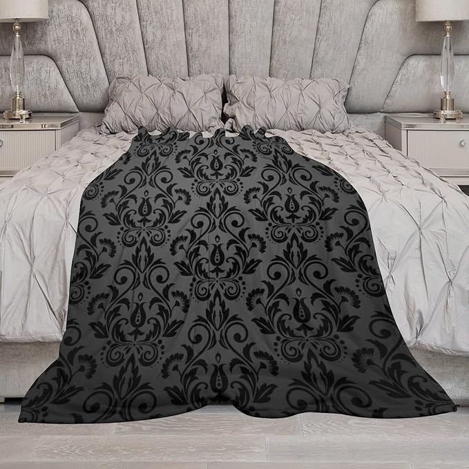 Black Damask Blanket, Antique Victorian Style Gothic Vintage Black Floral - Image 7
