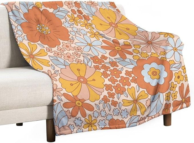 Retro 70s Floral Blanket, Hippie Summer Groovy Flower Power Flower Boho Print by JanJCurt