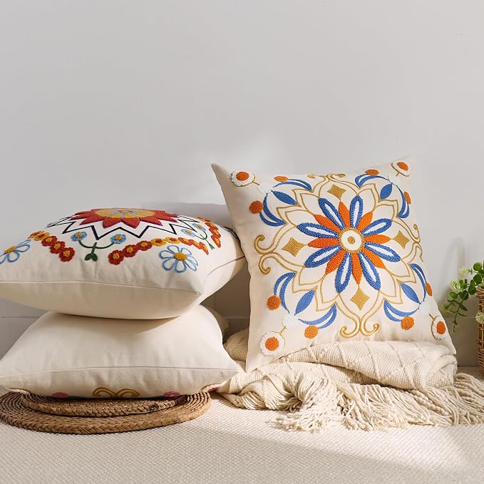 Embroidered Throw Pillow Cover 18x18 Classic Boho Floral Pattern Pillows Cover - Image 6