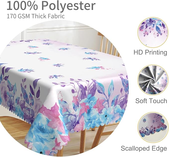 54x78inches Floral Rectangle Tablecloth Watercolor Purple Blue Flowers Printed - Image 3