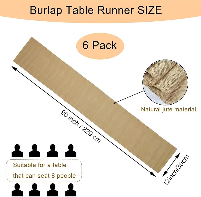 6 Pack 12 x 90 Inch Natural Burlap Table Runners, Rustic Jute Table Runner and - Image 2