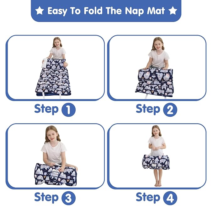 Viviland Toddler Kid Nap Mat for Preschool, Girls Deep Blue Bear Slumber Bag - Image 5