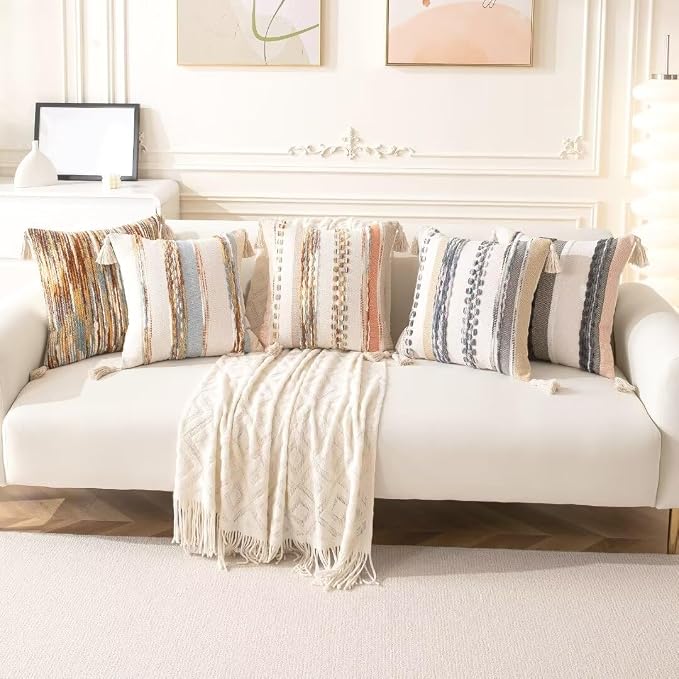 Boho Throw Pillow Covers 18x18 Set of 2 Woven Tufted Farmhouse Pillows Cover - Image 6