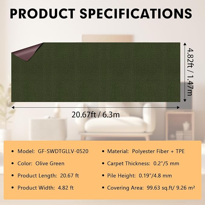 Marine Carpet, 5 FT x 20 FT Olive Green Indoor Outdoor Carpet 0.2" Thick - Image 2
