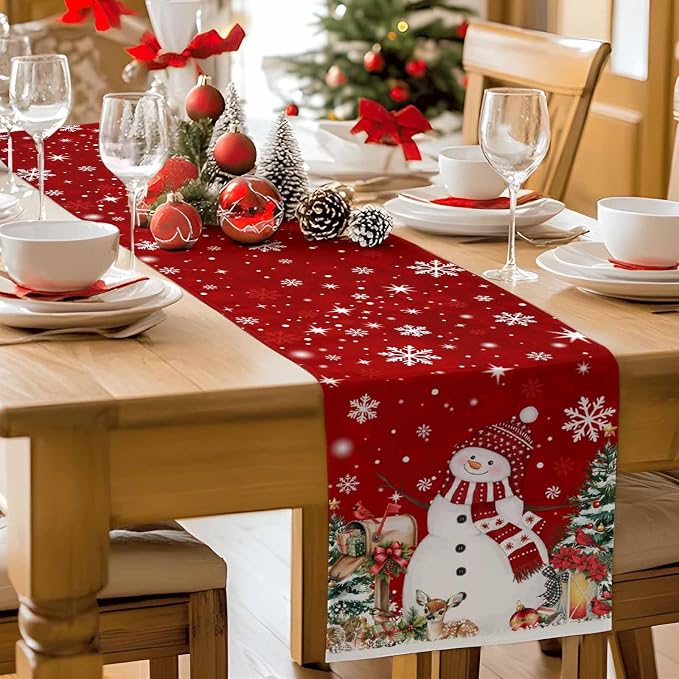 Red Snowman Christmas Table Runner, 16x72 Inch, Xmas Tree Table Runners Elk - Image 7