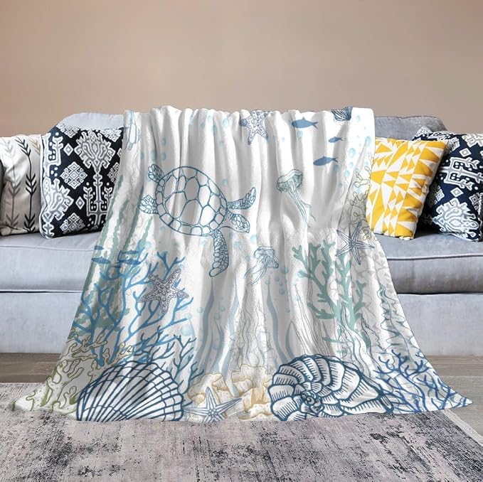 Nautical Turtle Throw Blanket, Coastal Sea Ocean Theme Coral Starfish Seashell - Image 6