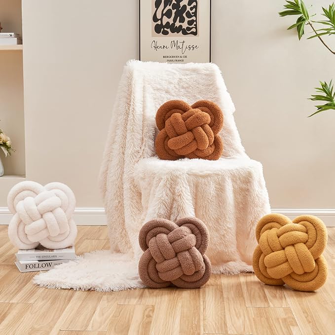 Xiashrk Knot Pillow Ball, Dark Khaki Knotted Plush Throw Pillow Handmade Square - Image 3