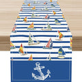 Nautical Anchor Table Runner, Retro Coastal Ship Anchor Stripe Navy Blue by Unknown