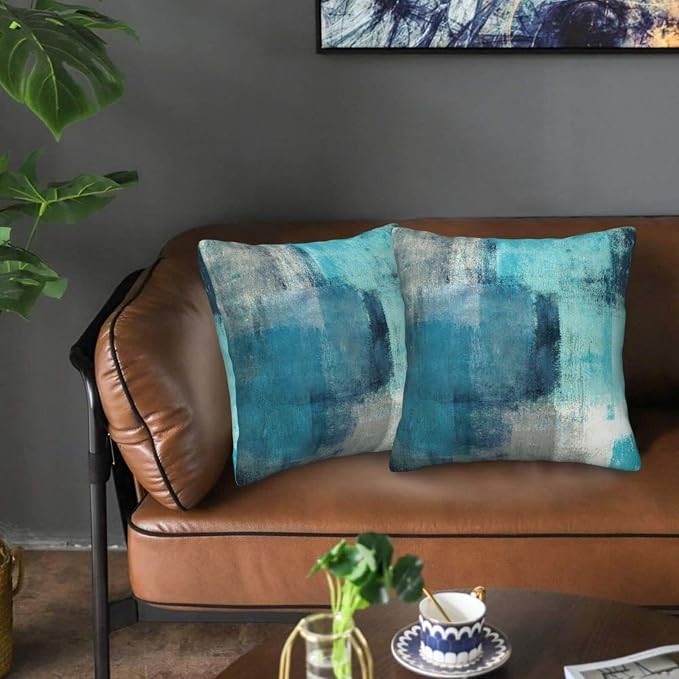 bassyil Teal Grey Abstract Art Painting Throw Pillow Covers Decorative Linen - Image 6
