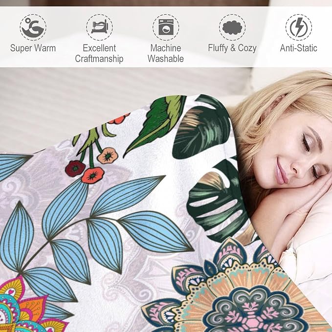 Boho Flowers Blanket for Women Girls, Rustic Bohemian Mandala Palm Leaves - Image 4