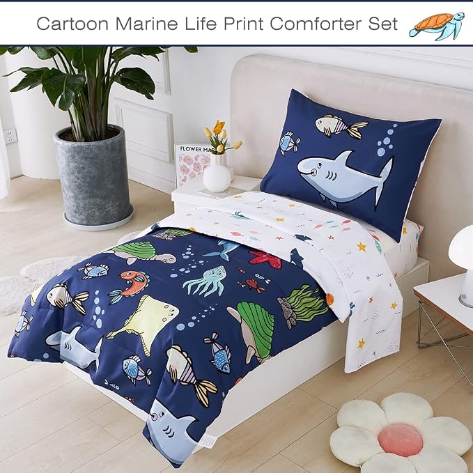 PERFEMET 4 Pieces Twin Bed in A Bag Navy Blue Ocean Animal Themed Kids - Image 2