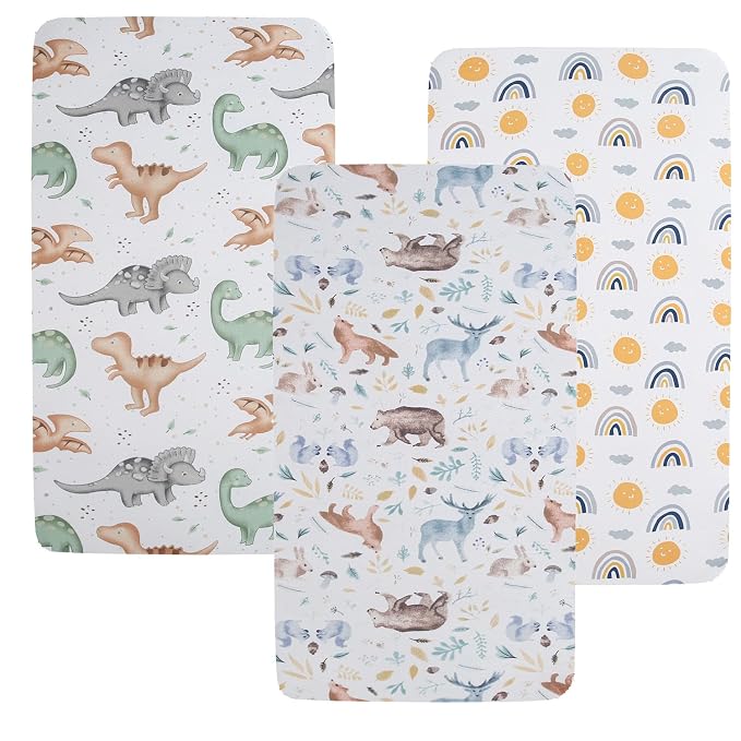 Pack n Play Sheet Stretchy Fitted Portable Mini Crib Sheets Set 3 Pack by Tontukatu