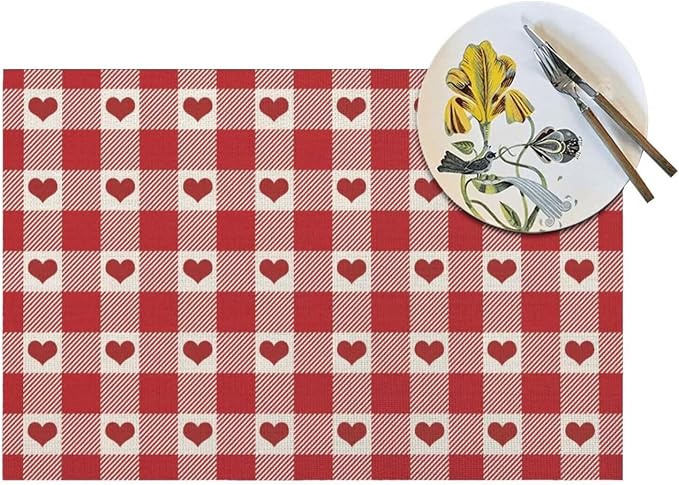 Valentine's Day Placemats Set of 4, Checked Love Hearts Decorative Table Mat 12 - Image 5