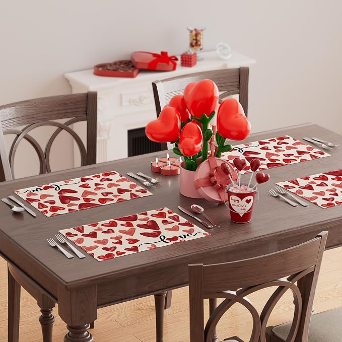 XCHI Watercolor Red Love Hearts Valentine’s Day Placemats Set of 6 Table Mats - Image 4