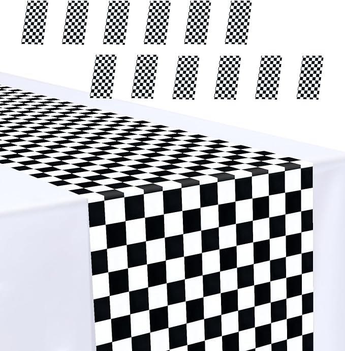 12 Pcs Black and White Checkered Table Runner 14 x 108 Plastic Table Runner by MUNILAIL