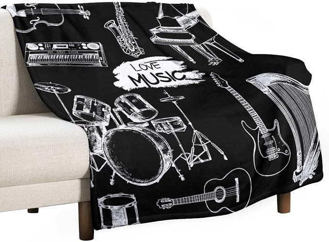 Music Blanket Drums Piano Guitar Black White Abstract Art Printed Soft Cozy by JADERYS