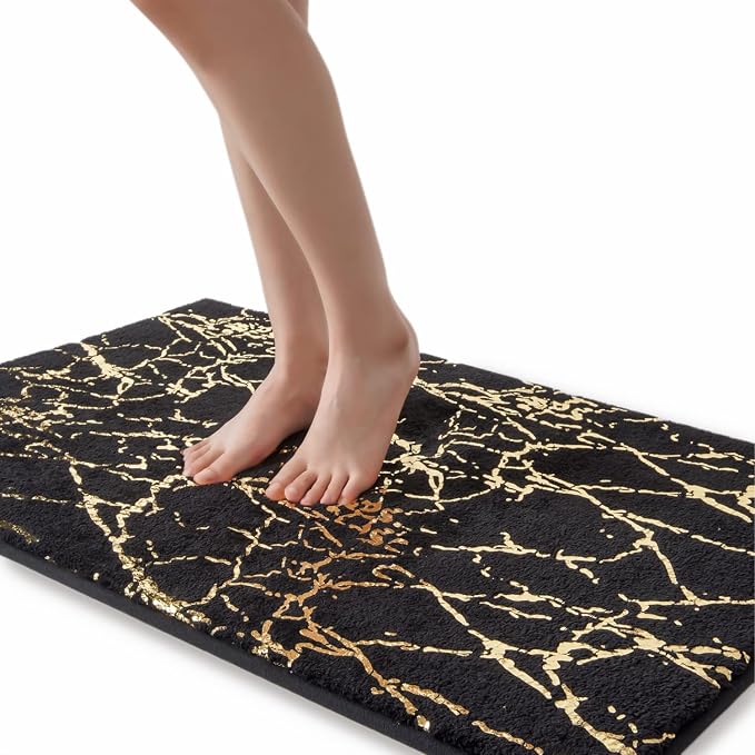 QJHOMO Marble Bathroom Rug Black and Gold Decor Bathroom Rugs Non Slip Bath Mat by QJHOMO