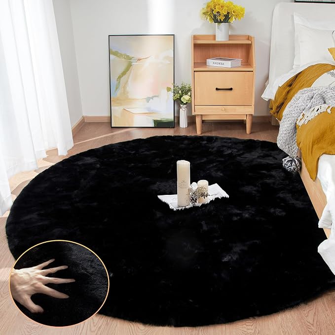 Black Round Rugs 8ft Machine Washable Rabbit Fur Area Rug Large Circle Rugs - Image 3