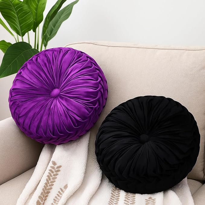 2 Pcs Round Throw Pillows 15 Inch Decorative Velvet Pleated Pumpkin Floor Boho by Beeveer