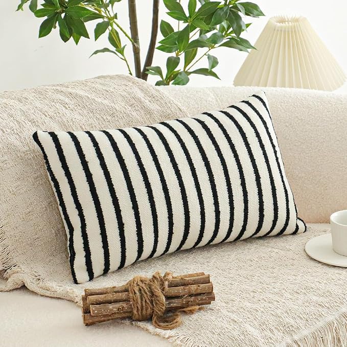 Jonhier White Striped Lumbar Boho Throw Pillow Cover, Modern Boucle Textured - Image 4