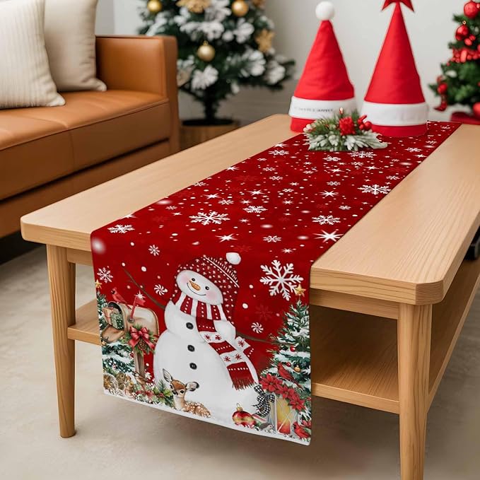 Red Snowman Christmas Table Runner, 13x90 Inch, Xmas Tree Table Runners Elk - Image 8