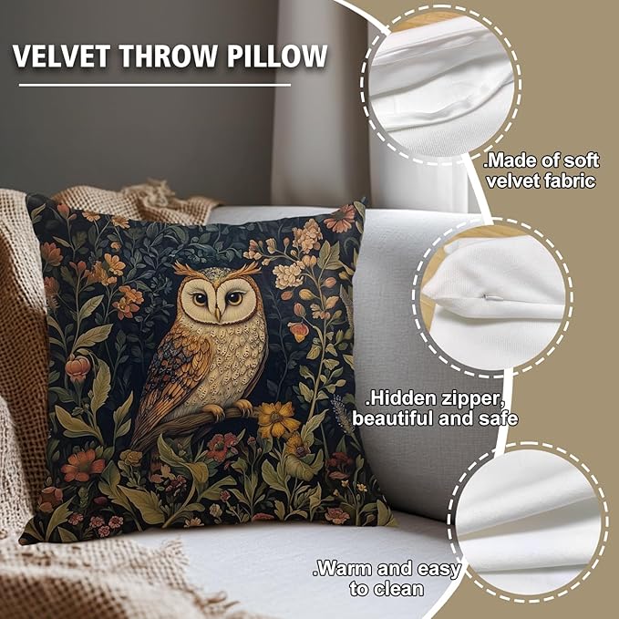 YOU FOUND ME William Morris Abstract Vintage Floral Velvet Owl Design Throw - Image 2