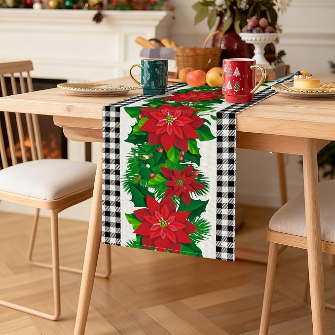 OTOSTAR Black and White Buffalo Check Plaid Holly Christmas Flowers Table Runner - Image 8