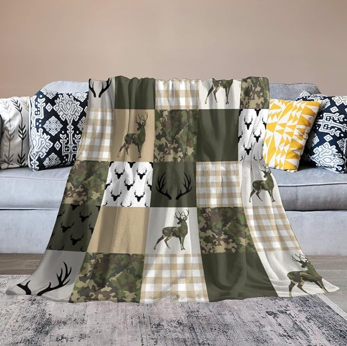 Camouflage Deer Blanket, Vintage Camo Green Beige Plaid Rustic Cabin Wildlife - Image 6