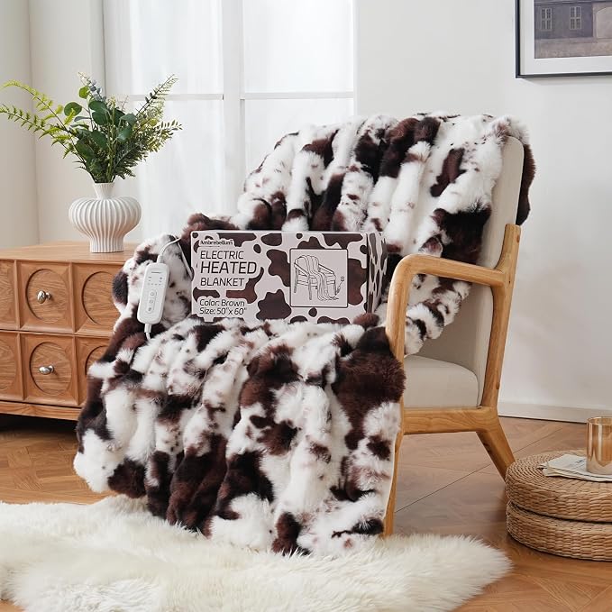 Cow Print Heating Throw Blankets Luxurious Western Soft Bubble Faux Rabbit Fur - Image 7